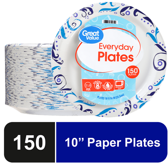 Great Value Everyday Strong, Soak Proof, Microwave Safe, Disposable Paper Plates, 10 in, Patterned, 150 Count