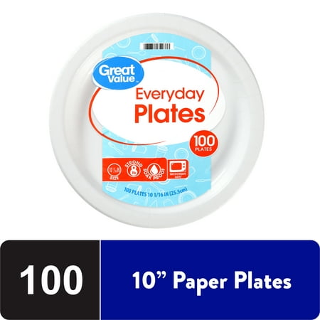 Great Value Everyday Strong, Soak Proof, Microwave Safe, Disposable Paper Plates, 10 inch, 100 Plates, White