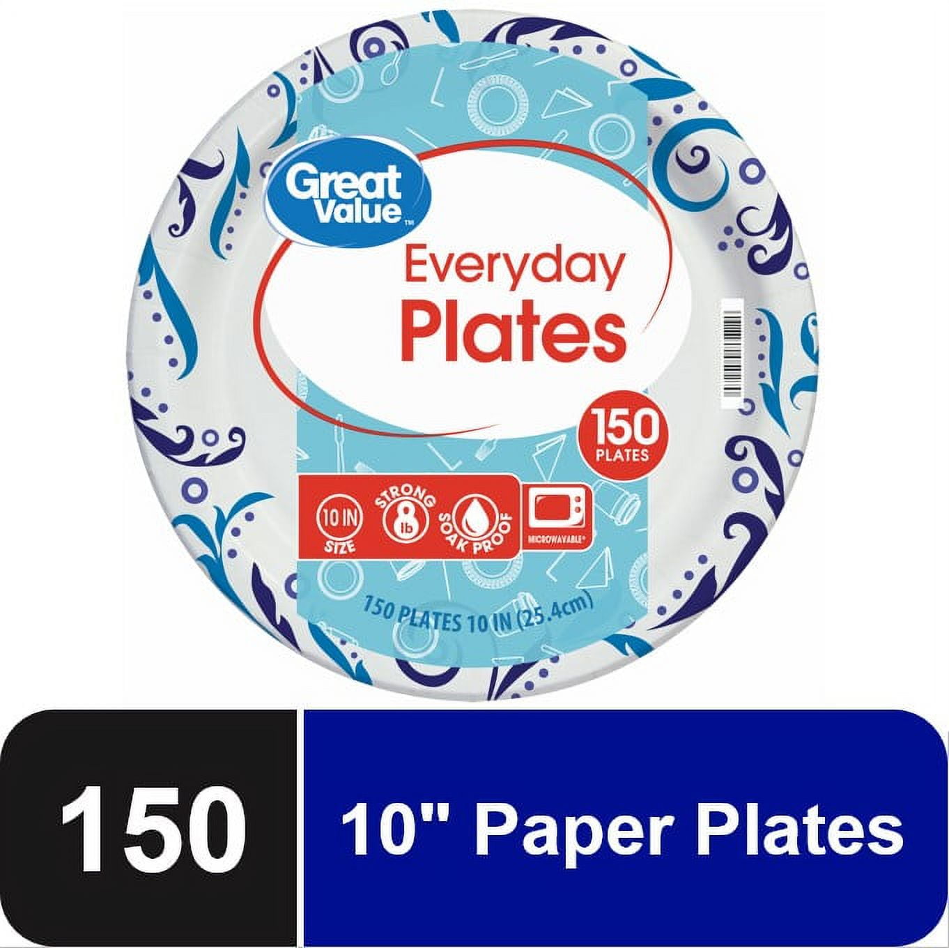 Great Value Everyday Strong, Soak Proof, Microwave Safe, Disposable Paper Plates, 10 inch, 150