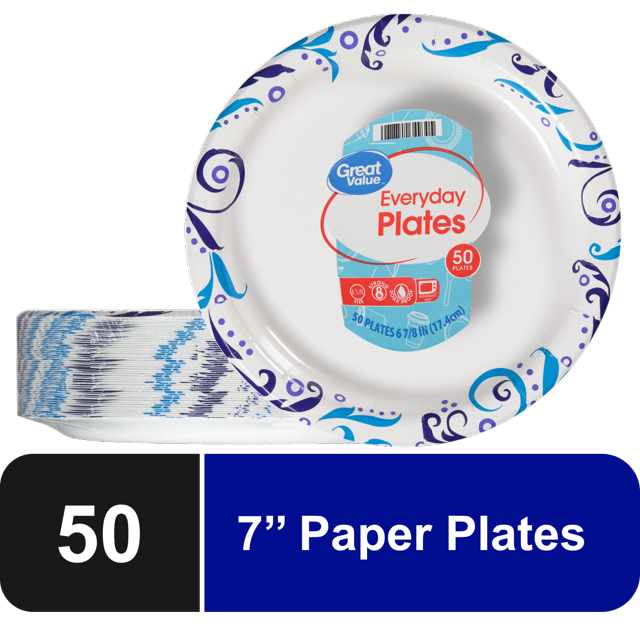 Great Value Everyday Strong, Soak Proof, Microwave Safe, Disposable Paper Plates, 7 in