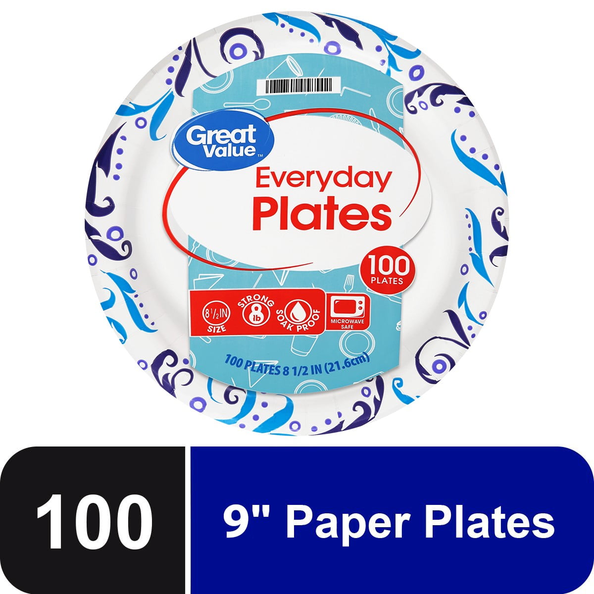 Great Value Everyday Strong, Soak Proof, Microwave Safe, Disposable Paper Plates, 8.5 inch, 100 Plates, Patterned