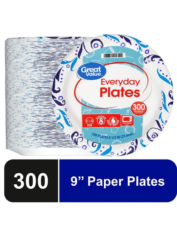 Great Value Everyday Strong, Soak Proof, Microwave Safe, Disposable Paper Plates, 9 in, Patterned, 300 Count