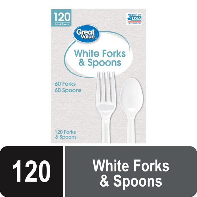 Great Value Everyday White Disposable Plastic Forks & Spoons, White