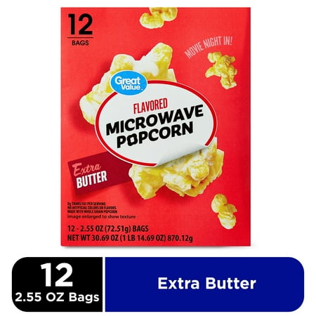 Great Value Extra Butter Flavored Microwave Popcorn, 2.55 oz, 12 Count