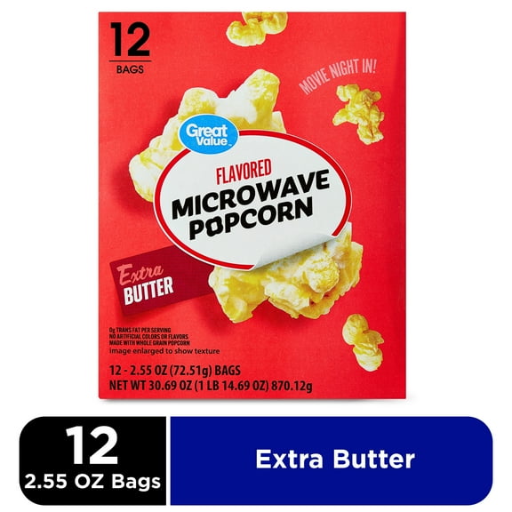 Great Value Extra Butter Flavored Microwave Popcorn, 2.55 oz, 12 Count