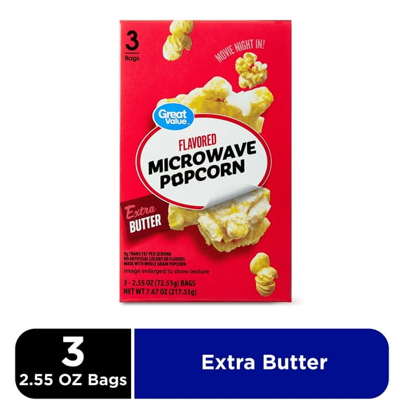 Great Value Extra Butter Flavored Microwave Popcorn, 2.55 oz, 3 Count