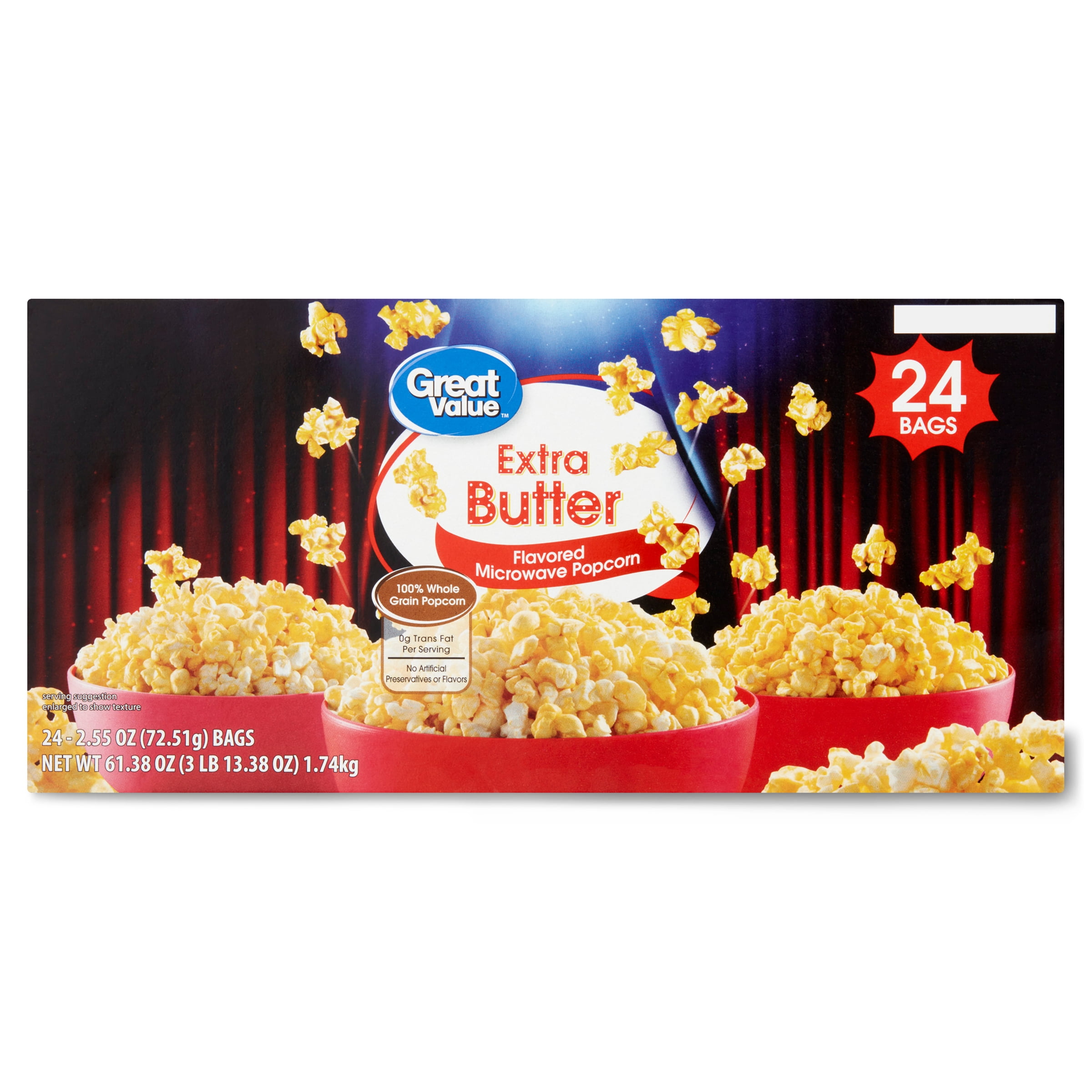 Great Value Extra Butter Microwave Popcorn, 2.55 oz, 24 Count