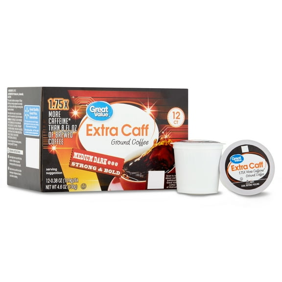 Great Value Extra Caff Medium-Dark Roast Coffee Pods, 12 Ct