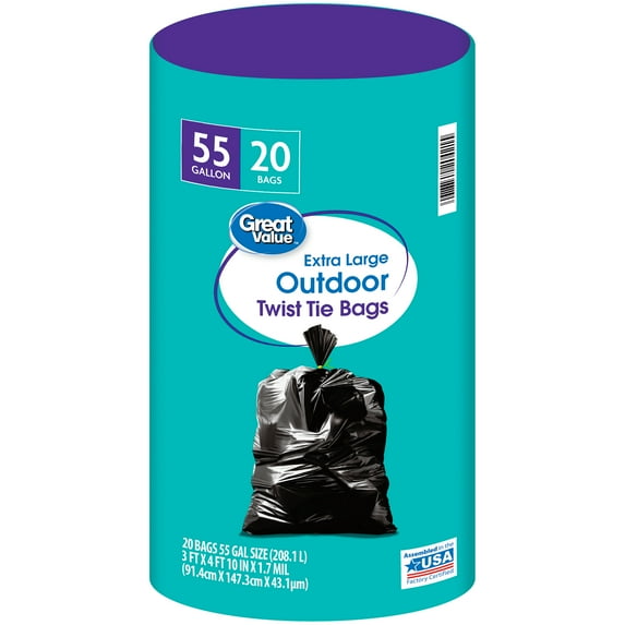 Great Value Extra Large Outdoor Trash Bags, 55 Gallon, 20 Bags (Twist Tie)