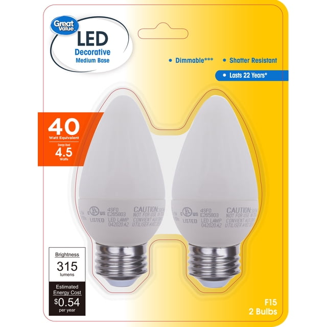 Great Value F15 LED 4.5W (40W Equivalent) Soft White E26 Medium Base ...