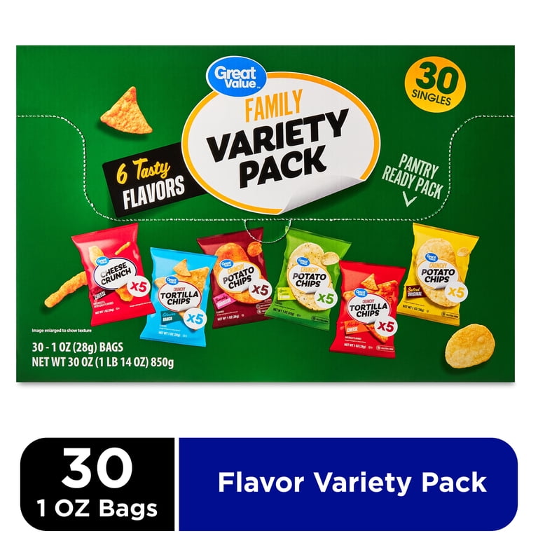 Great Value Family Variety Chip Pack, 30 Count, 1 oz Bags for Road