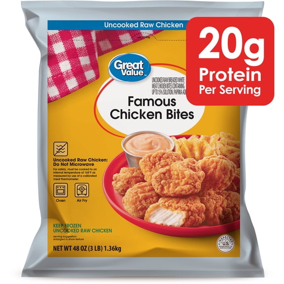 Great Value Famous Chicken Bites, Ready to Cook Breaded Chicken Bites, 20g Protein, Frozen, 3 lb