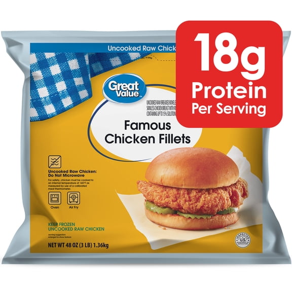 Great Value Famous Chicken Fillet, Ready to Cook Breaded Chicken Fillets, 18g Protein Per Serving, 3 lb (Frozen)