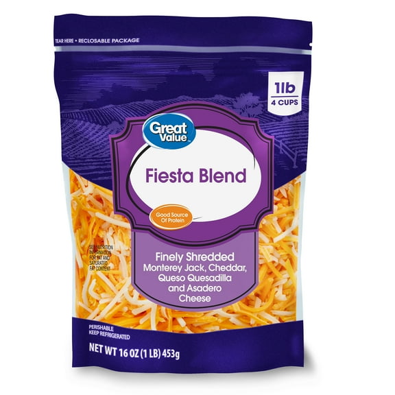 Great Value Fiesta Blend Finely Shredded Cheese, 16 oz Bag
