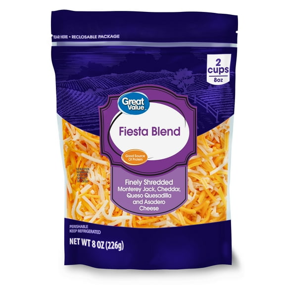 Great Value Fiesta Blend Finely Shredded Cheese, 8 oz Bag