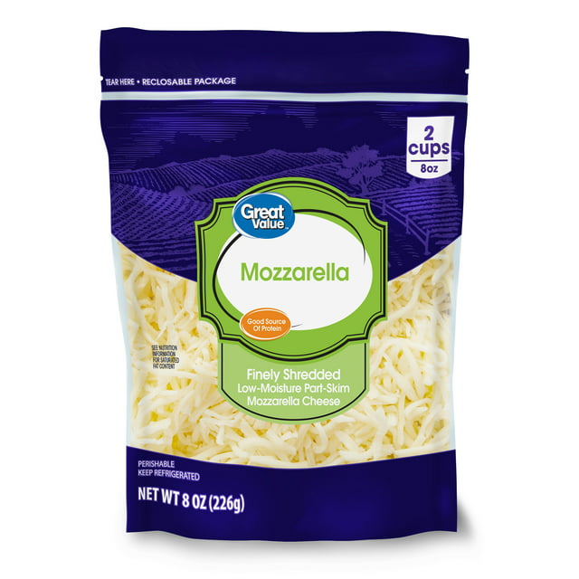 Great Value Finely Shredded Low-Moisture Part-Skim Mozzarella Cheese, 8 oz Bag