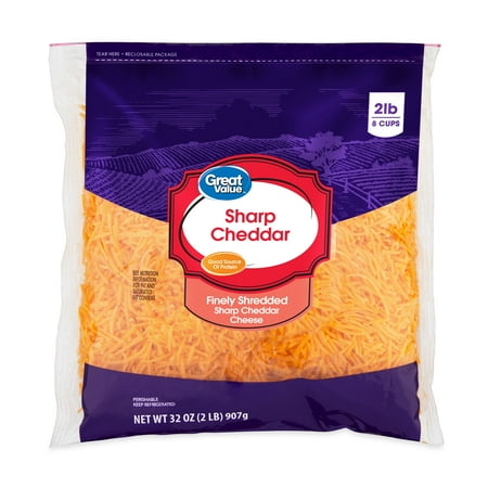 Great Value Sharp Cheddar Finely Shredded Cheese, 32 oz Bag