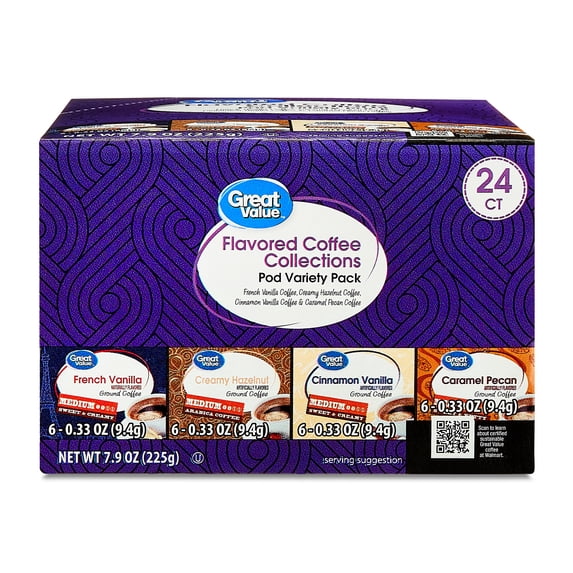 Great Value Flavored Medium Roast Ground Coffee Pods Variety Pack, 7.9 oz, 24 Count