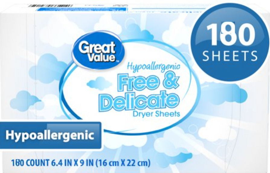 Great Value Free & Delicate Hypoallergenic Dryer Sheets, 180 count