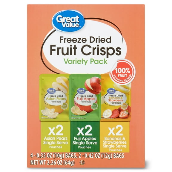 Great Value Freeze Dried Fruit Crisps, Variety Pack, 6 Count, 2.26 oz.