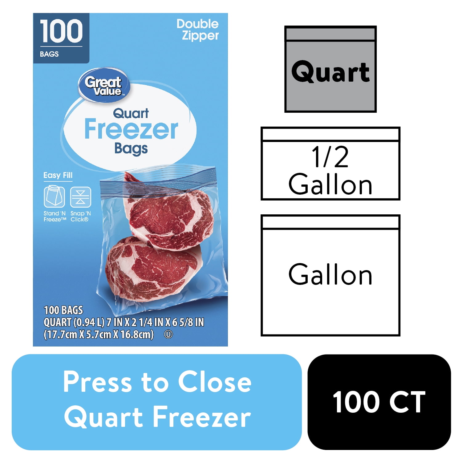 Great Value Freezer Guard Double Zipper Freezer Bags, Quart, 100 Count