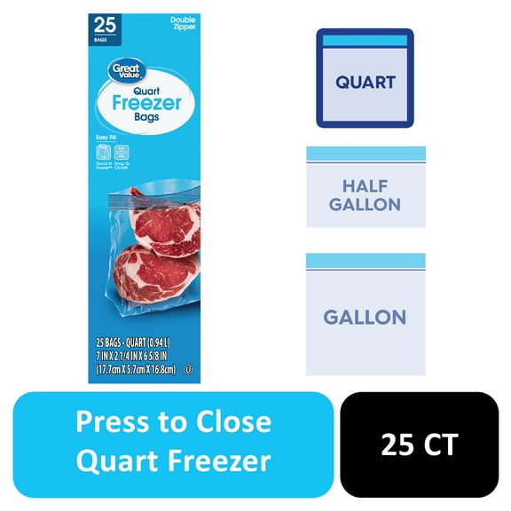 Great Value Freezer Guard Double Zipper Freezer Bags, Quart, 25 Count