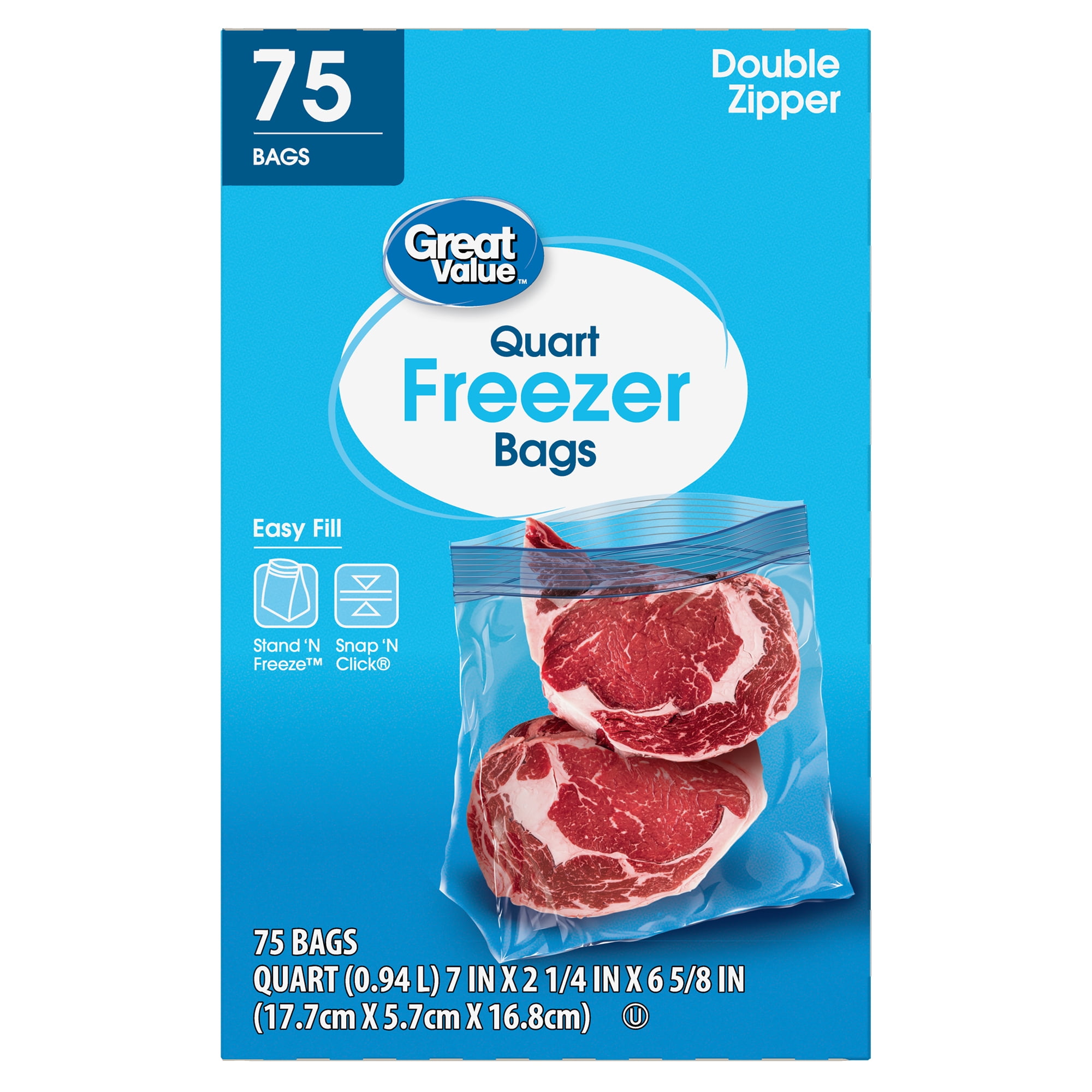 Great Value Freezer Guard Double Zipper Freezer Bags, Quart, 75 Count 