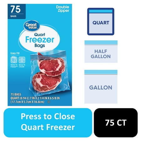 Great Value Freezer Guard Double Zipper Quart Freezer Bag, 75 Count