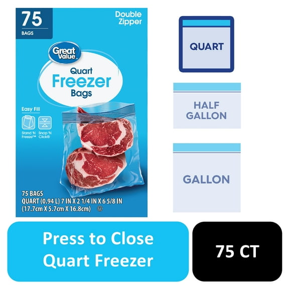 Great Value Freezer Guard Double Zipper Freezer Bags, Quart, 75 Count