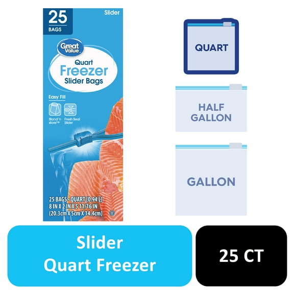 Great Value Freezer Guard Slider Zipper Bags, Quart Freezer, 25 Count