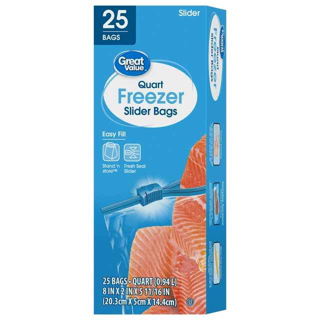 Great Value Freezer Guard Slider Zipper Bags, Quart Freezer, 25 Count