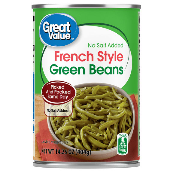 Great Value French Style Green Beans, No Salt Added, Gluten-Free, 14.25 oz