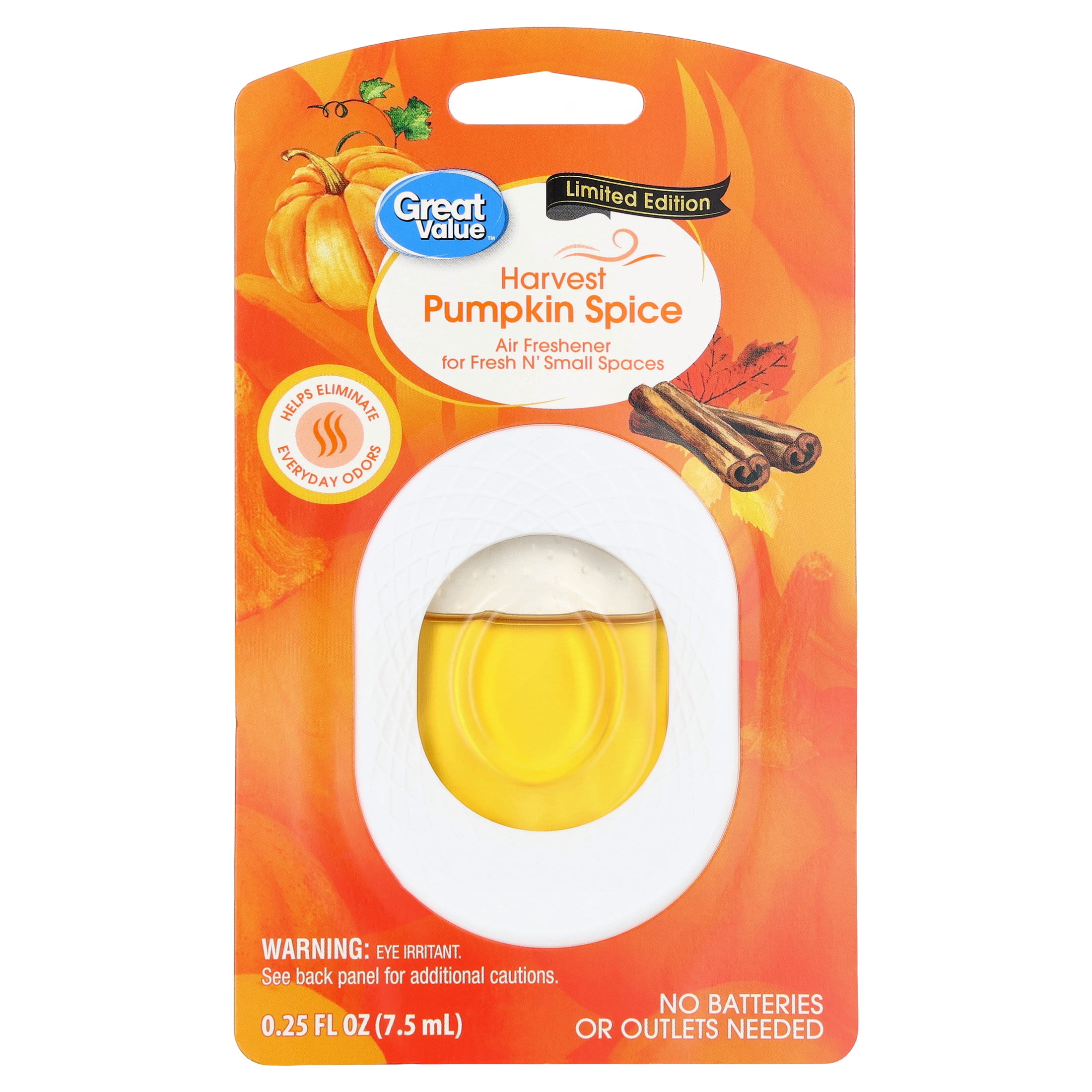Great Value Fresh N' Small Air Freshener, Harvest Pumpkin Spice Scent, 0.25 fl oz