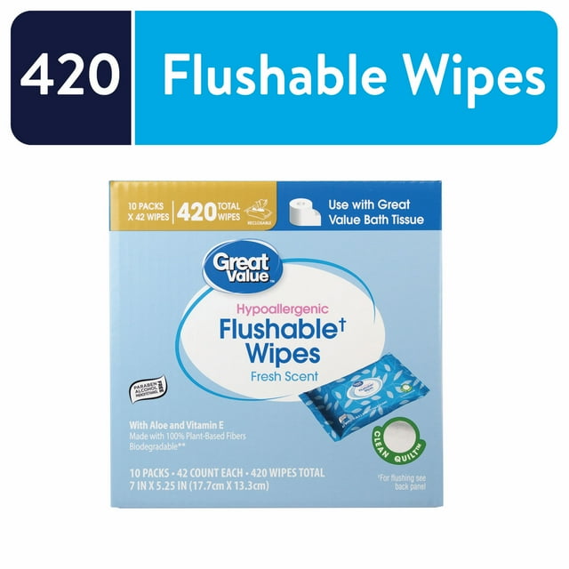 Great Value Fresh Scent Flushable Wipes, 10 Resealable Packs, 420 Total