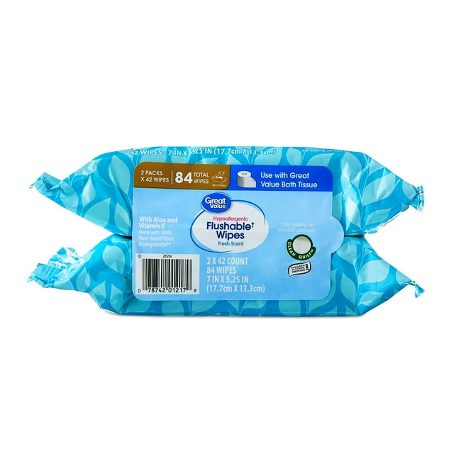 Great Value Fresh Scent Flushable Wipes, 2 Resealable Packs, 84 Total