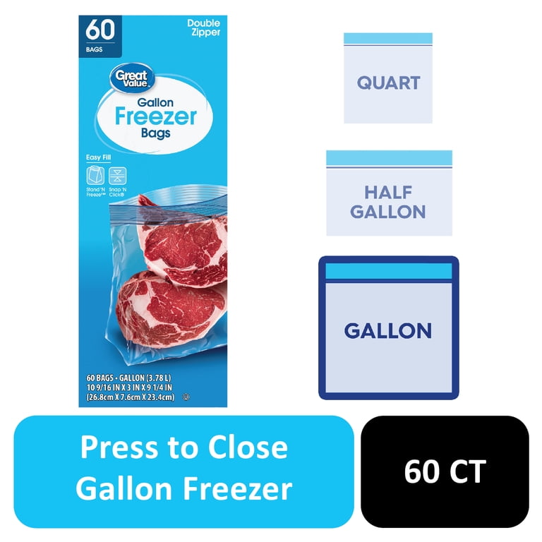 Great Value Fresh Seal Double Zipper Gallon Freezer Bags, 60 Count
