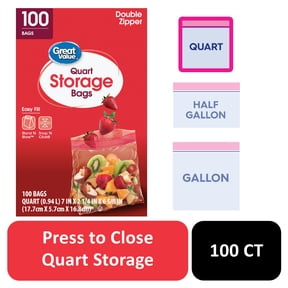 Great Value Fresh Seal Double Zipper Quart Storage Bag, 100 Count