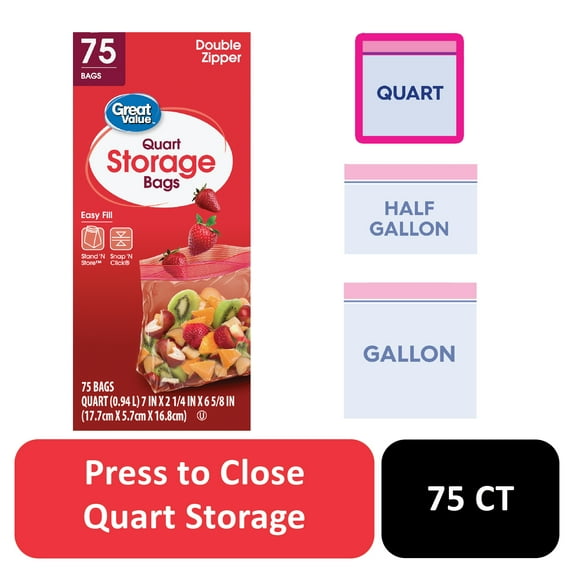 Great Value Fresh Seal Double Zipper Storage Bags, Quart, 75 Count