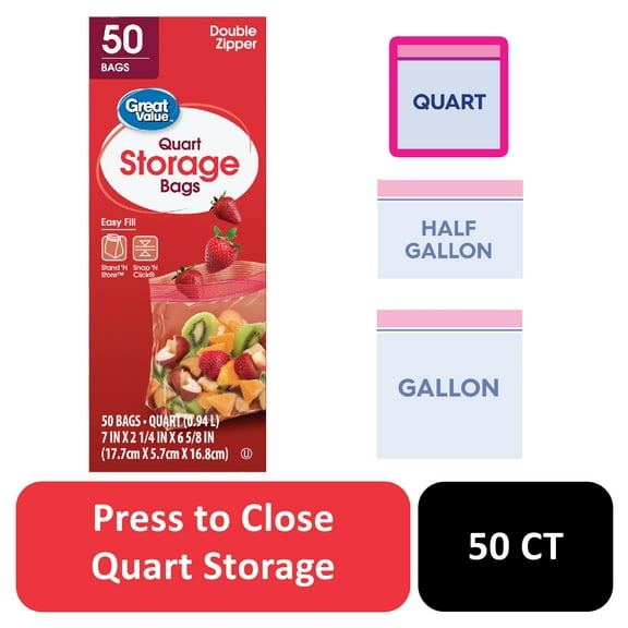 Great Value Fresh Seal Quart Storage Double Zipper Bags, 50 Count