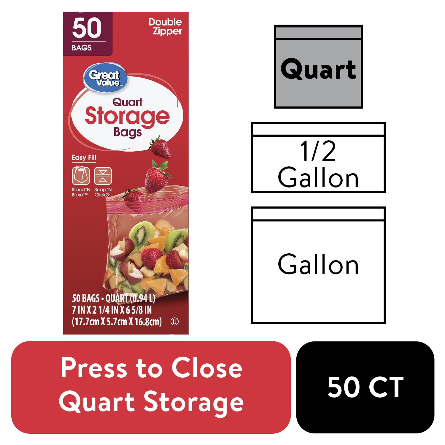 Great Value Fresh Seal Quart Storage Double Zipper Bags, 50 Count