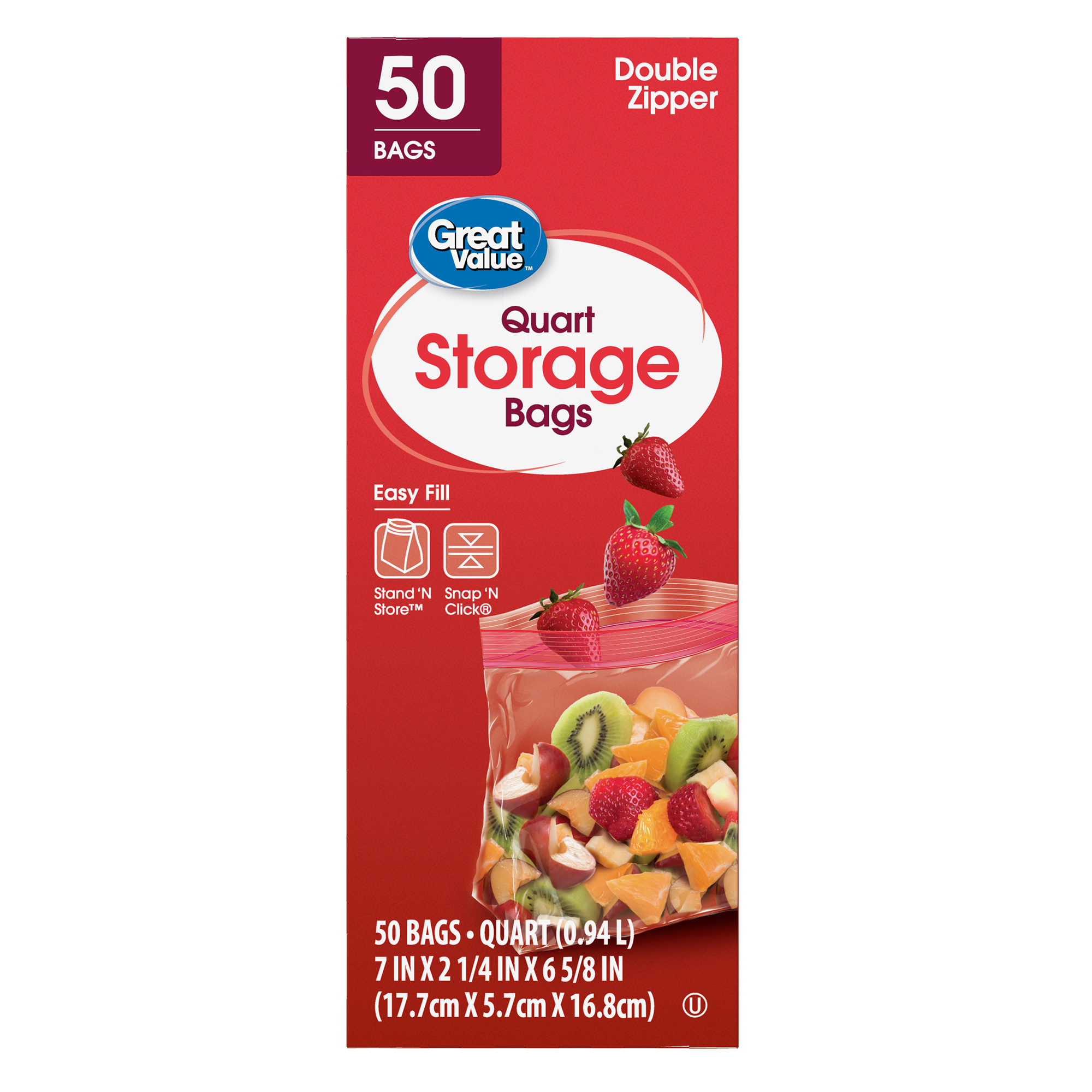Great Value Fresh Seal Quart Storage Double Zipper Bags, 50 Count - image 1 of 9