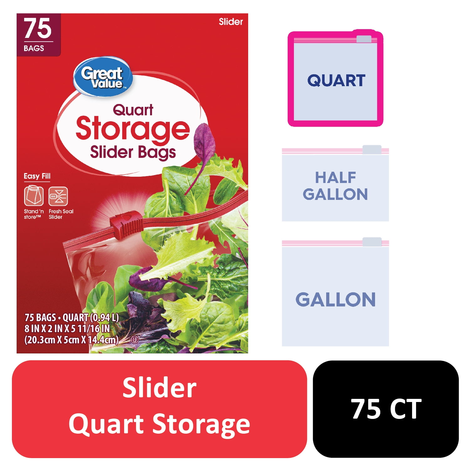 Great Value Fresh Seal Slider Zipper Bags Quart Storage 75 Count Walmart