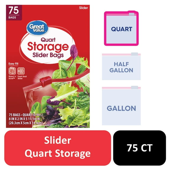 Great Value Fresh Seal Slider Zipper Bags, Quart Storage, 75 Count