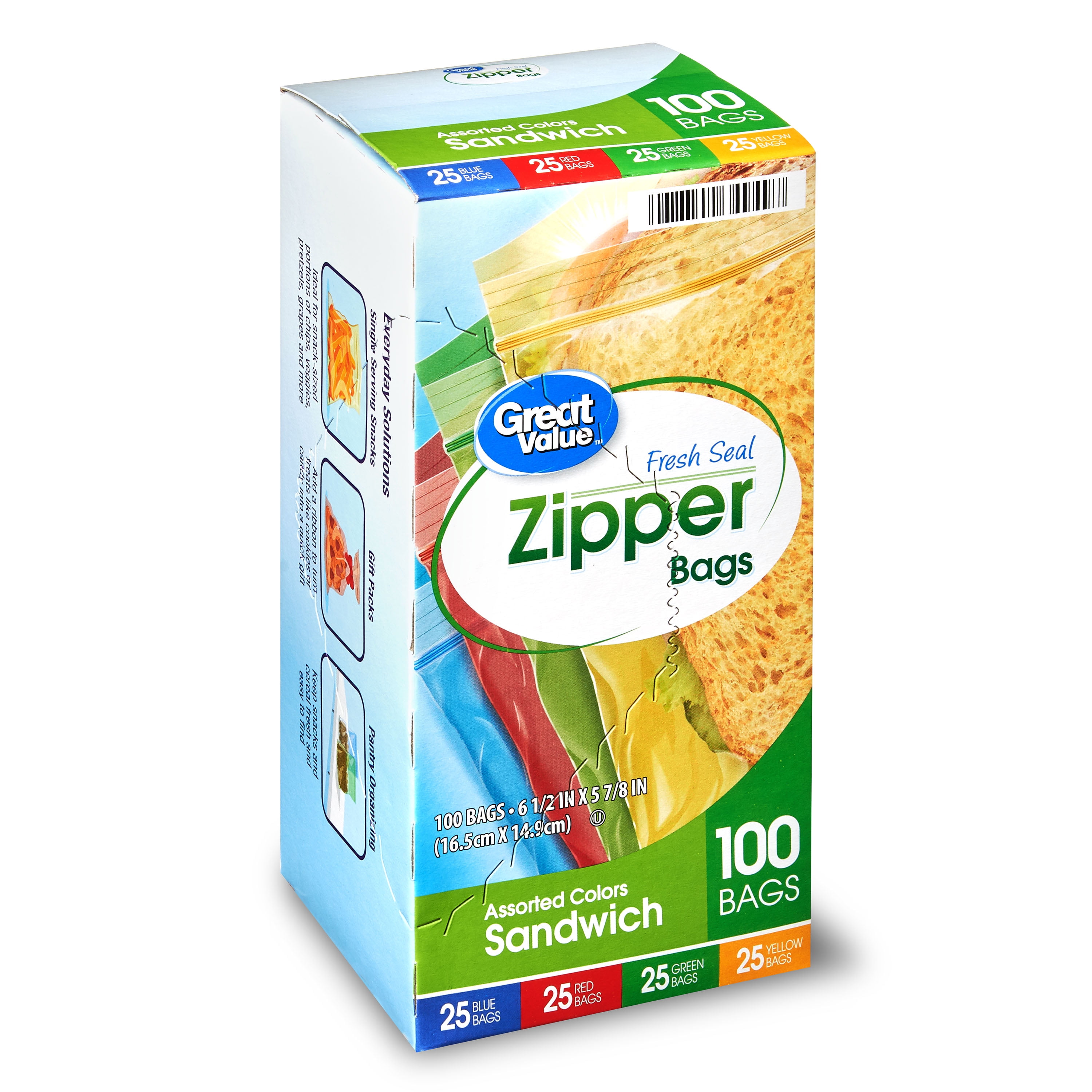 Great Value Fresh Seal Zipper Bags, Sandwich, Assorted Colors, 100