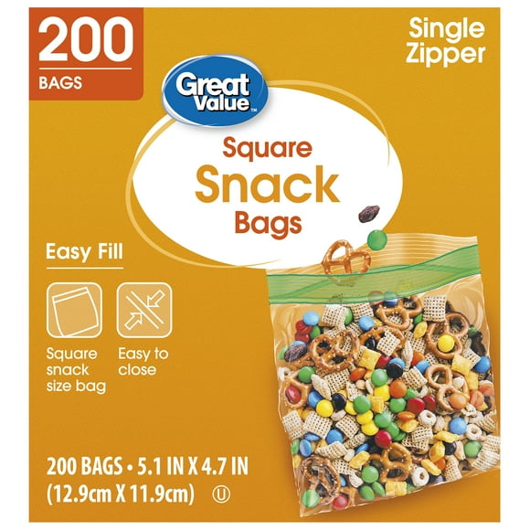 Great Value Fresh Seal Zipper Square Snack Bags, 200 Count