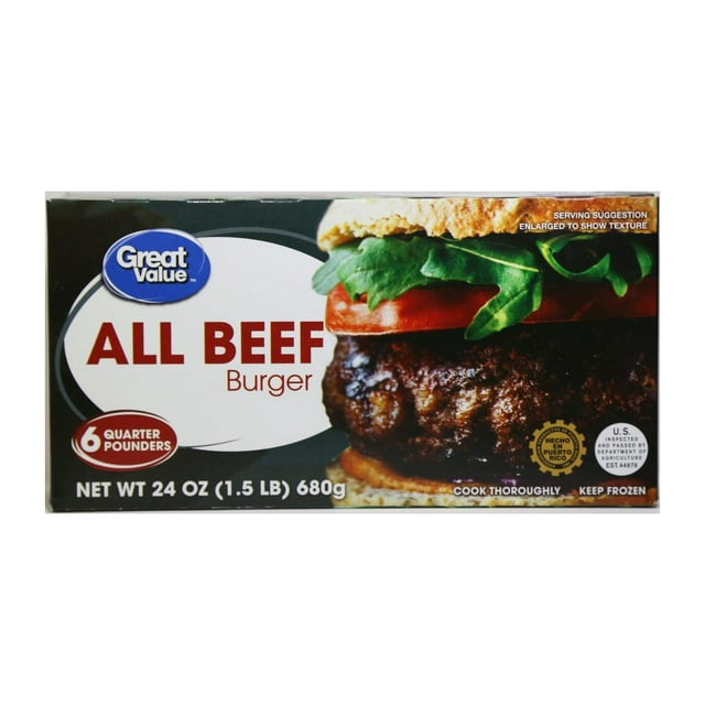 Great Value, Frozen 100 Beef Patties, 6 Count, Source of Protein, 1.5