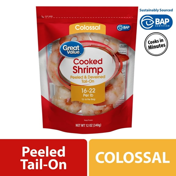 Great Value Frozen Cooked Colossal, Peeled and Deveined Tail-on Shrimp, 12 oz Bag (16-22 Count per lb)