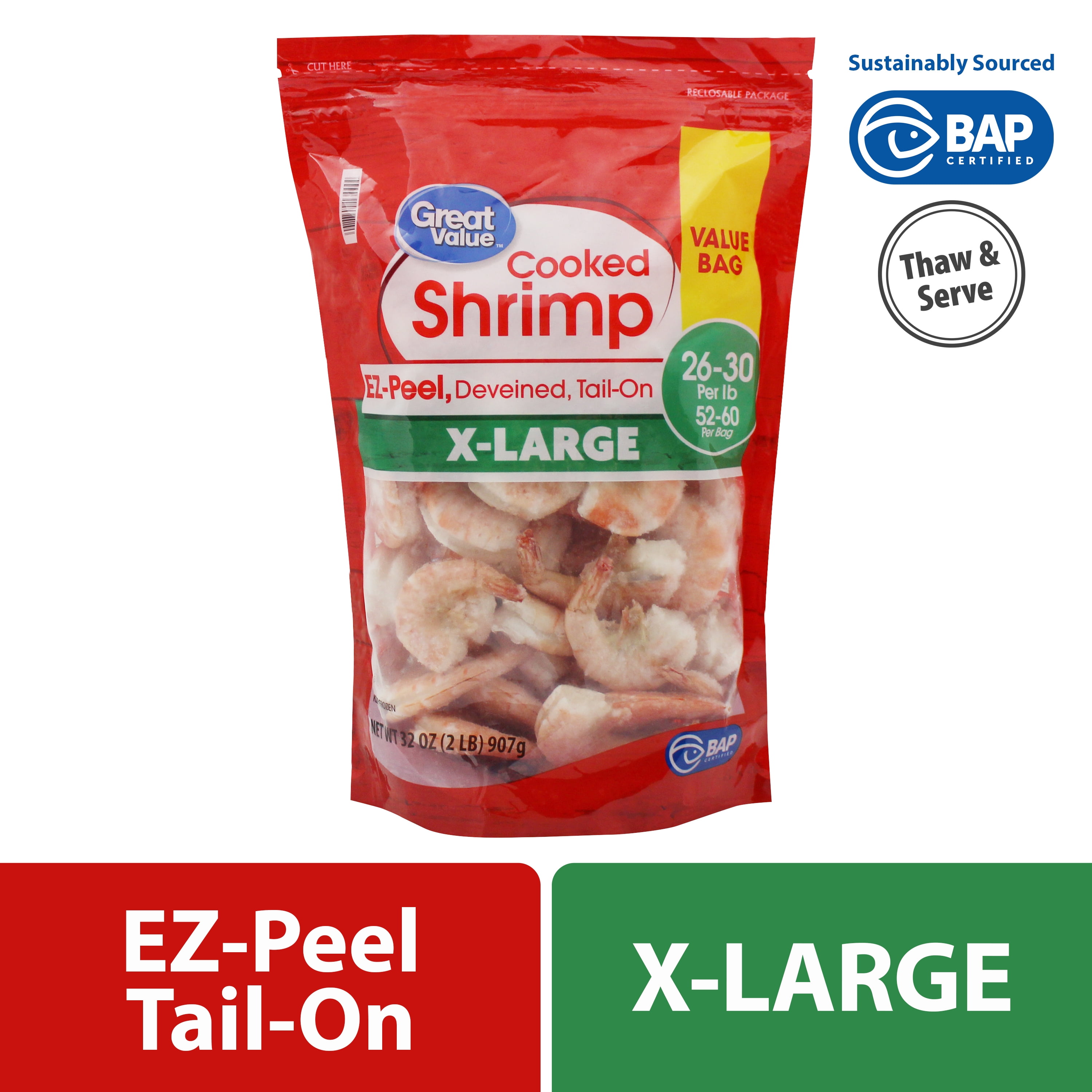 Great Value Frozen Cooked Extra Large Deveined Tail-on Easy Peel Shrimp 52-60 per bag, 32 OZ