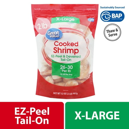 Great Value Frozen Cooked Extra Large Easy Peel Shrimp, (26 -30 Count per lb) 2lb Bag
