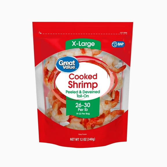 Great Value Frozen Cooked Extra Large Peeled & Deveined, Tail-on Shrimp, 12 oz Bag (26-30 Count per lb)